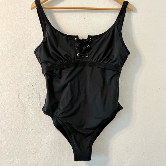 J Crew Swimsuit Piqué Lace-up, Black Sz 8 - Picture 2 of 14